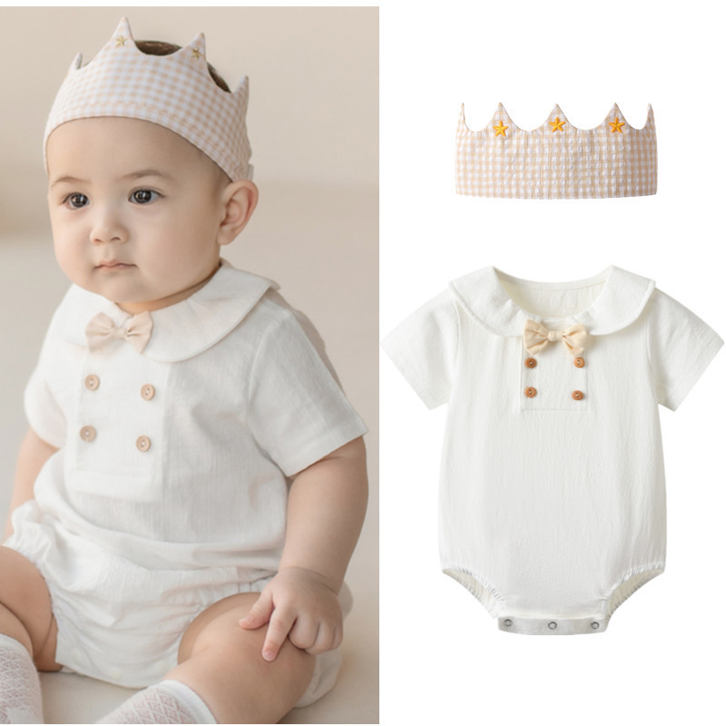 Summer New Ins Popular Type a Baby Thin Pure Cotton Bow Tie Short-Sleeved Triangle Crawl Suit for Taking Photos and Catching Week
