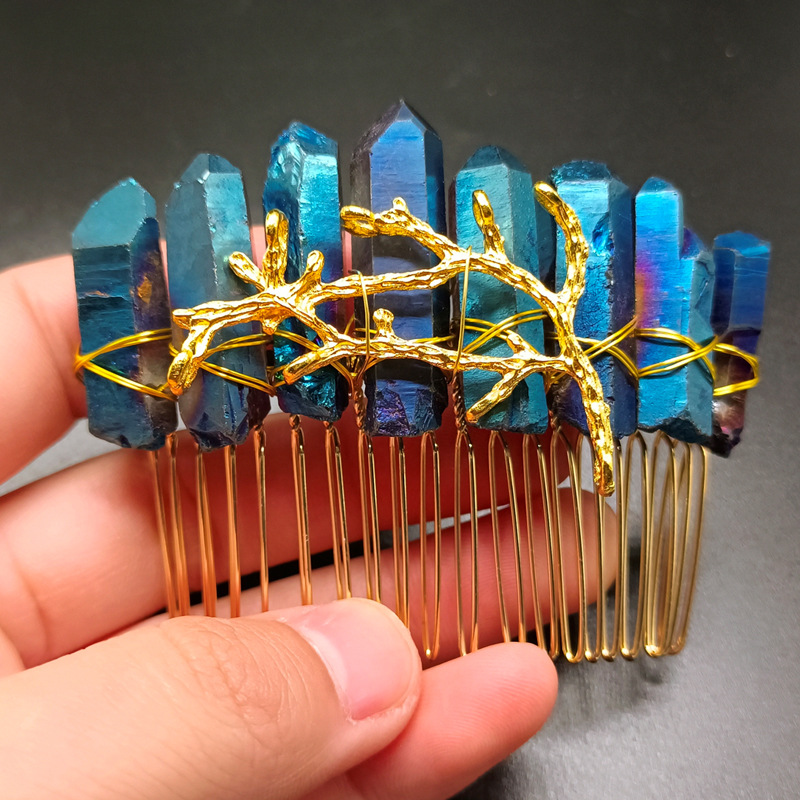 다크 블루 크리스탈 + 황금 머리 빗 황금 가지