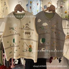 2025秋季新款提花单排扣针织马甲女开衫宽松叠穿无袖毛衣坎肩背心