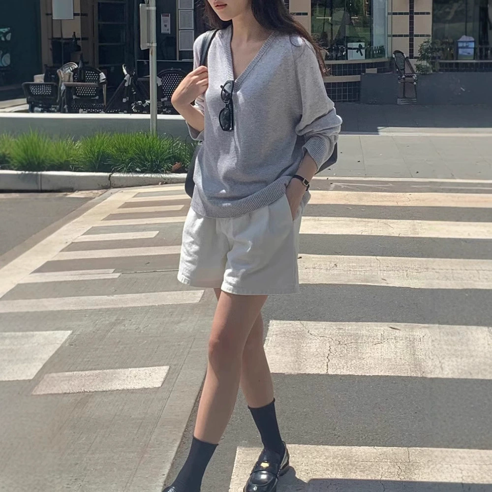 in stock white pleated loose Denim shorts women's 2025 summer Korean ins simple style casual pants vergam * t