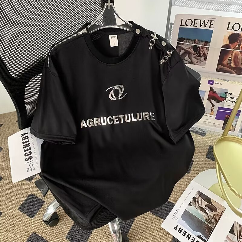 American-style High Street Summer Niche Deconstructed Metal Airplane Buckle Off-shoulder Design Sense Three-dimensional Printed Short-sleeved T-shirt for Men