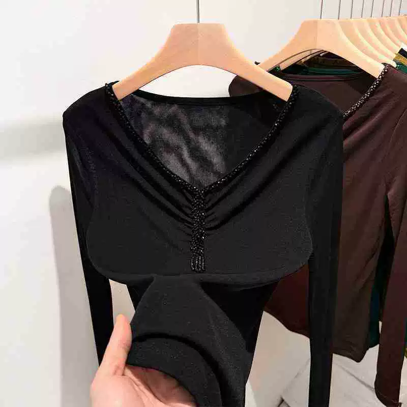 Женская рубашка с зеленым сетчатым низом, весна-лето 2025, новая, приталенная, короткая, с бахромой и бисером, длинный рукав