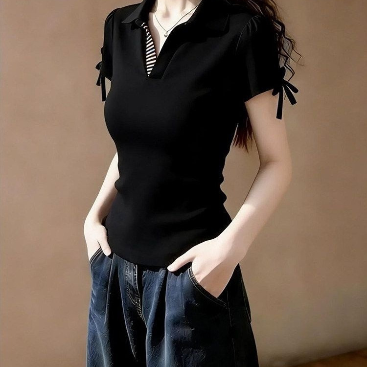 Pre-Sale American-Style Unique Bow-Tie Slim-Fit Short-Sleeve T-Shirt for Women, 2026 Summer New Model, Black Turn-Down Collar, Exquisite
