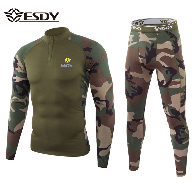 Esdy Men's Outdoor Thermal Sports Suit Thickened Mountaineering Fitness Training Suit Autumn and Winter Thermal Underwear Two-Piece Set