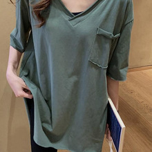 6535棉开叉t恤女式夏季宽松显瘦2024韩版卷边前短后长短袖v领棉