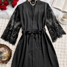 女士睡衣欧美亚马逊性感蕾丝外贸网纱睡袍女仿真丝家居服源头批发