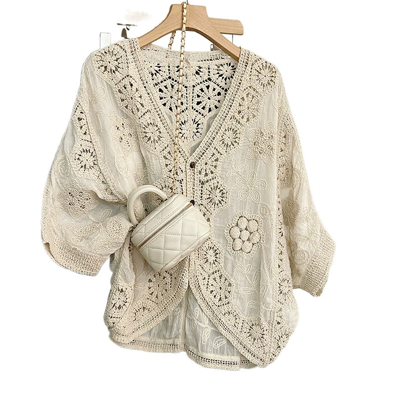 Реальная съемка~ женский новый стиль большого размера ворот crochet цветок полый рукав три четверти солнцезащитный кардиган толстеющий верх