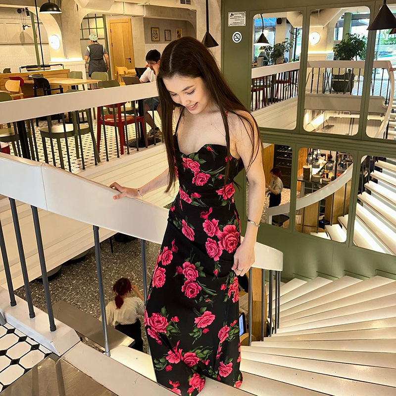 Spring Maxi Dress Sexy Spaghetti Strap Floral Print Backless Lace up Dress