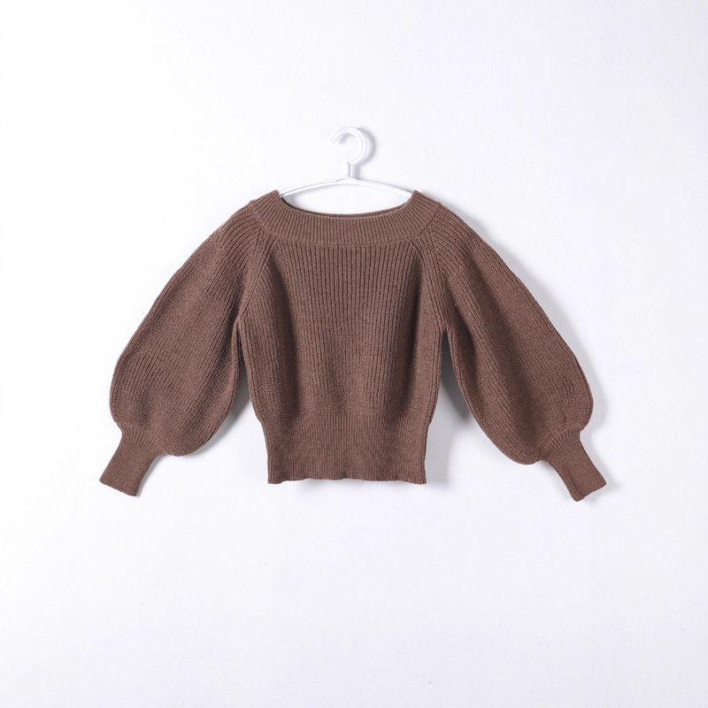 One-Line Collar Puff Sleeve Short Knitted Sweater for Women, New Autumn Style, French Gentle Style, Light and Mature Elegance, Simple Top