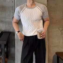 撞色圆领修身针织衫男士夏季新款韩版小众设计感拼接麻花短袖T恤