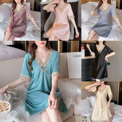 新しい春と秋の薄いシルクの半袖レースのカジュアルな女性の氷の糸の部屋の服の頭のパジャマは代行することができます。