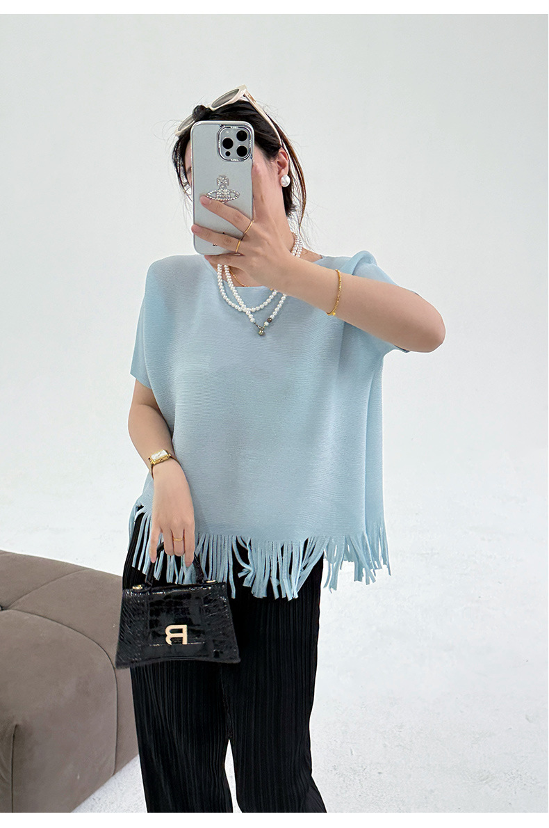 Áo thun nữ cổ tròn tay ngắn xếp ly tua rua form rộng — Màu xanh lam nhạt chi tiết 8
