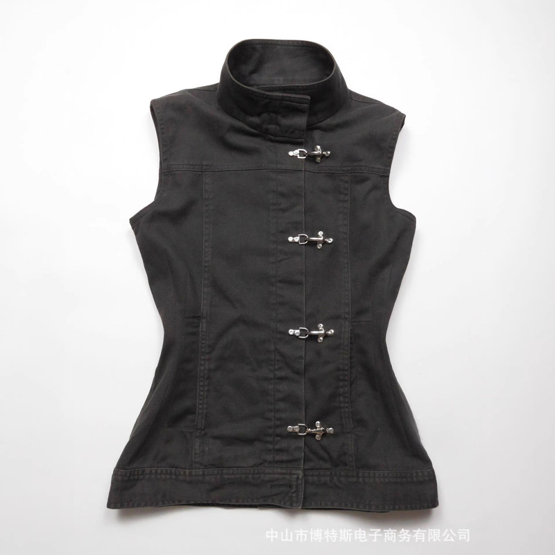 Cross-Border New Style New Chinese Retro Korean Design Single-Breasted Stand Collar Sleeveless Sweet and Cool Women's Vest Top