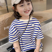 棉夏季兒童裝新款女童圓領條紋可愛卡通印花短袖T恤上衣潮