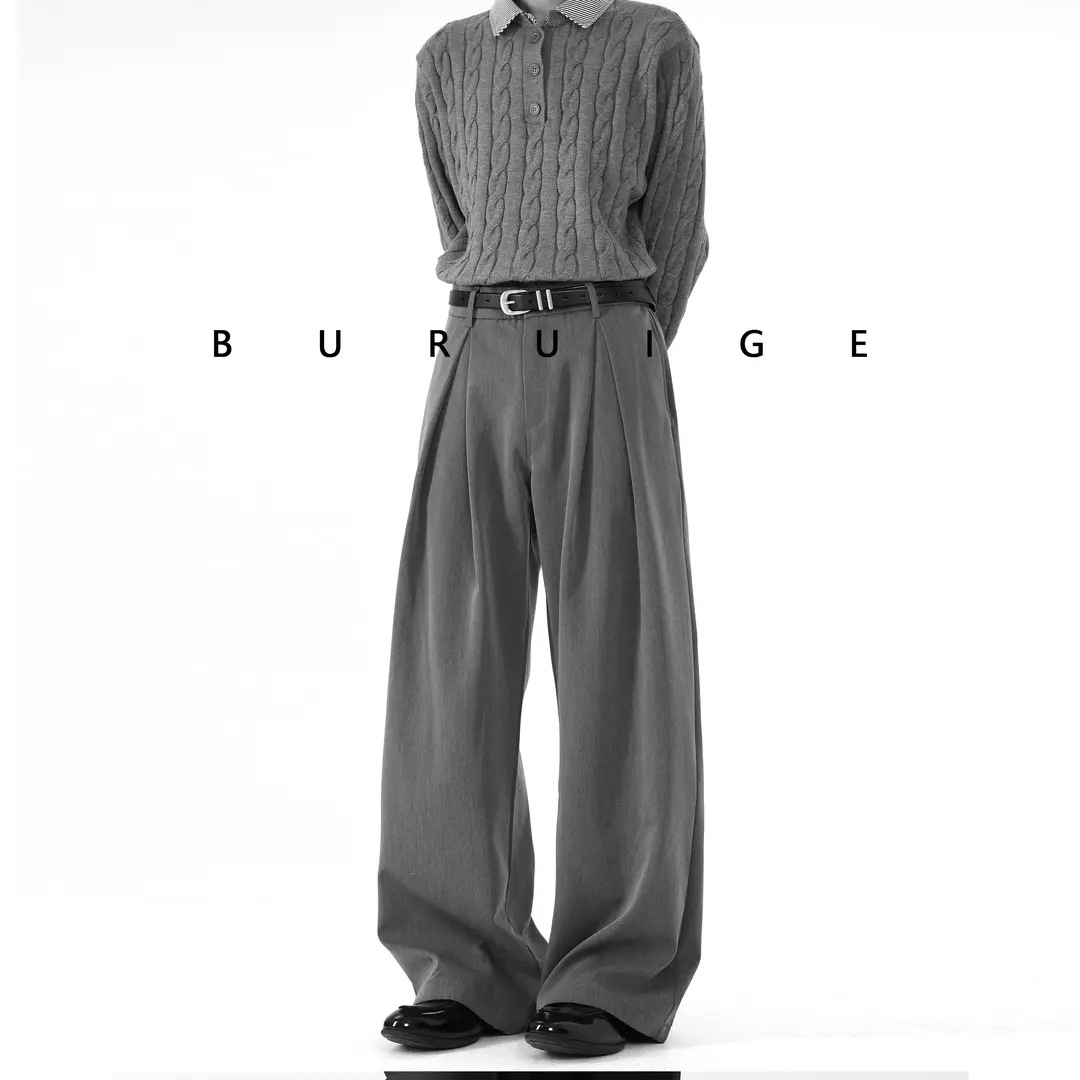 Autumn High-Waisted Slimming Commuter Drape Solid Color Old Money Style Wide-Leg Pleated Suit Pants for Men and Women