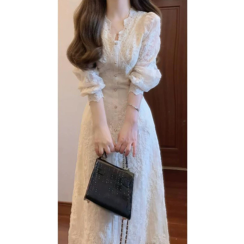 2025秋季法式甜美温柔风白色蕾丝连衣裙长袖收腰气质长裙子千金感|undefined