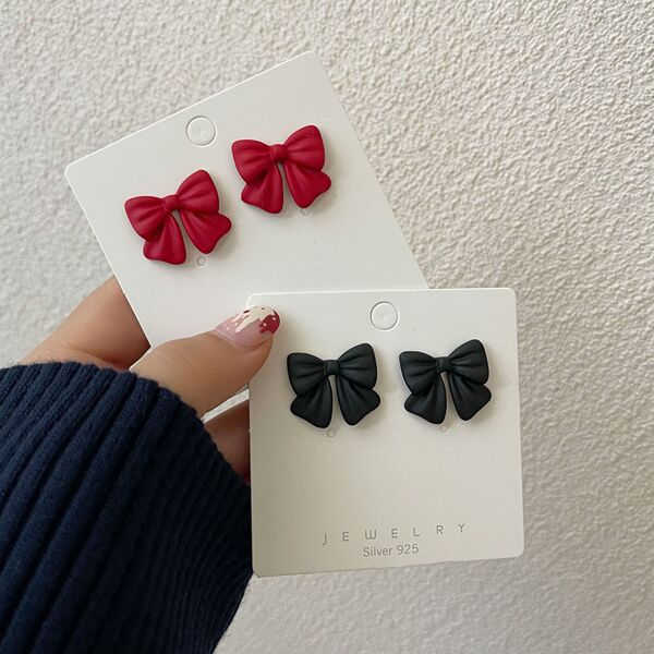 Cute black red universal earrings with bow