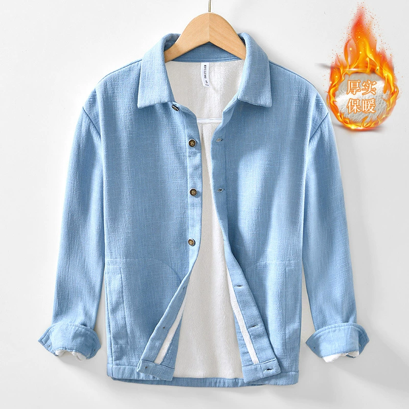 L162 хлопок льна плюс бархат толстый бейсбольный костюм рубашка ретро повседневная куртка с длинными рукавами пальто для волос