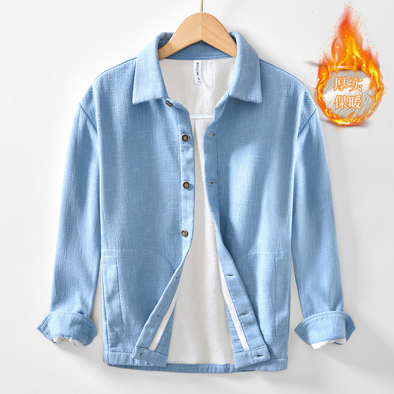 P162 Cotton and Linen Fleece-Lined Thickeneded Baseball Uniform Shirt Retro Casual Long-Sleeved Jacket One Piece Drop Shipping