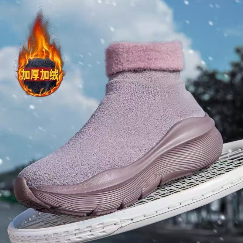 高帮弹力袜子鞋男女同款轻便厚底加绒棉鞋防滑情侣款套脚棉靴子
