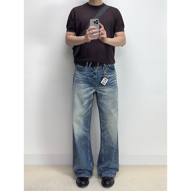 2025 American Jeans Battle Bull King Snowflake Pattern Light Blue Washed Distressed Straight Jeans