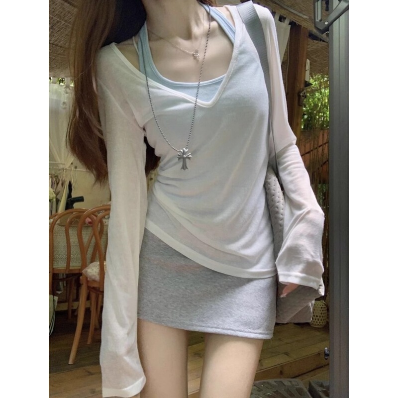 Casual Lazy Slim-fit V-neck Tencel Sunscreen Blouse T-shirt Women's Spice Top Spring and Summer Thin Base Shirt Long Sleeve