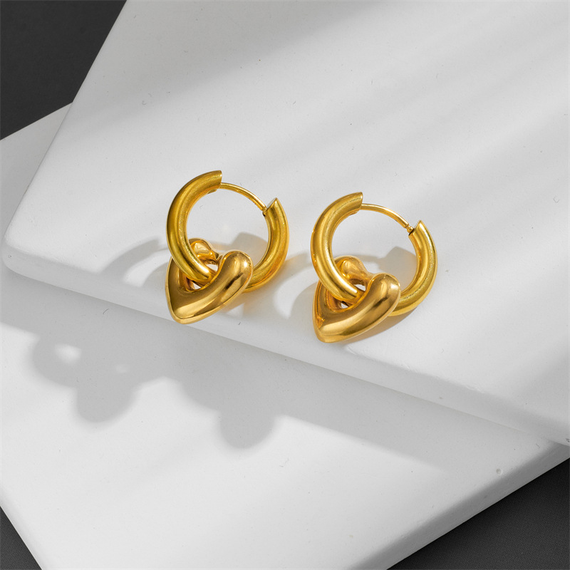 Titanium Steel Material PVD Coated Real Gold Plated 18K Gold Heart Shape Titanium Steel Simple Style Waterproof Non Tarnish Drop Earrings