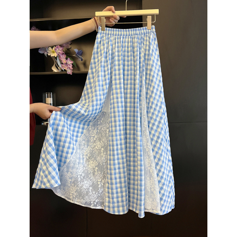 Three Complete Standards, Tmall Quality, Five-Line Edge Design, Lace Splicing Blue Plaid Skirt for Women