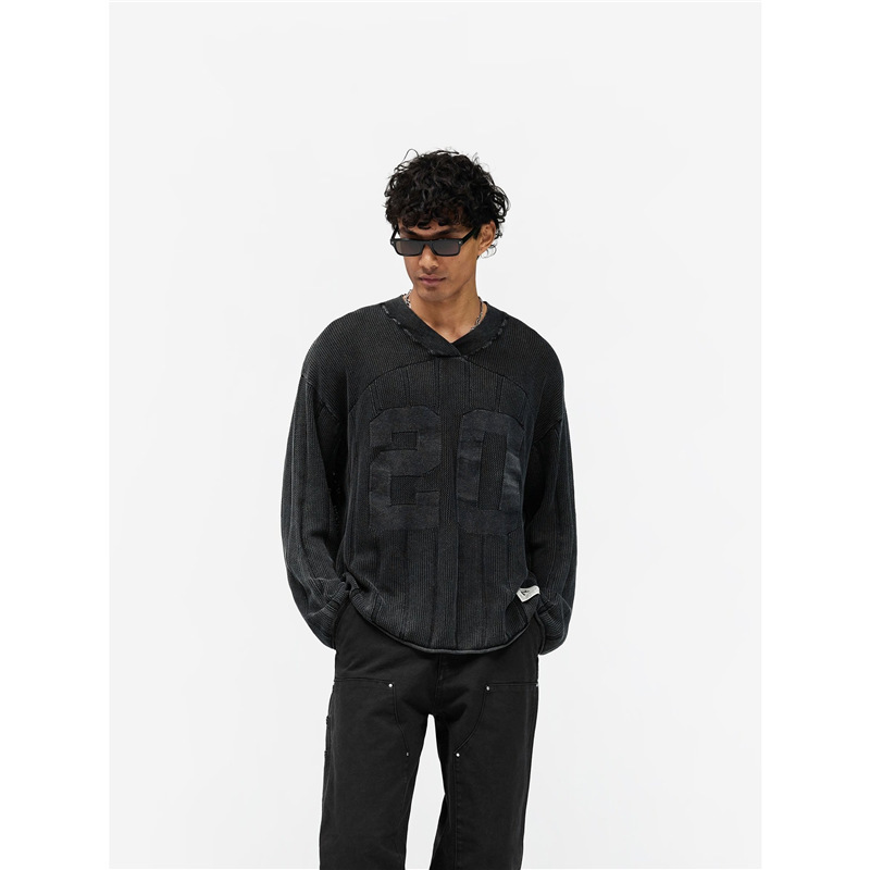 Represent No. 20 knitted rugby long-sleeve jersey, distressed V-neck knit sweater, unisex trendy Represent No. 20 knitted rugby long-sleeve jersey, distressed V-neck knit sweater, unisex trendy