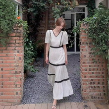 24年夏季新款韩国V领波点连衣裙法式雪纺蕾丝拼接收腰长裙XL-144