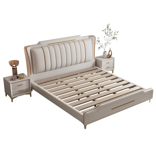 Wabi-sabi style new cream style leather bed master bedroom 1.8m modern simple high box storage double light luxury technology cloth bed