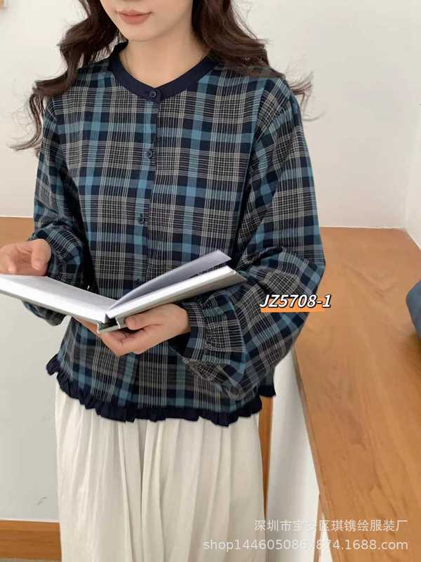 琪镌绘制秋季新款条纹款木耳边下摆拼接款女装休闲宽松衬衫5708-1|undefined