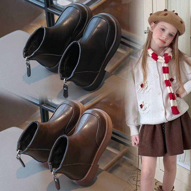 Girls' Boots 2026 Autumn and Winter New Style Kidsren's Boots Fleece-Lined Cotton Leather Boots Korean Style Princess Short Boots for Middle and Large Kidsren