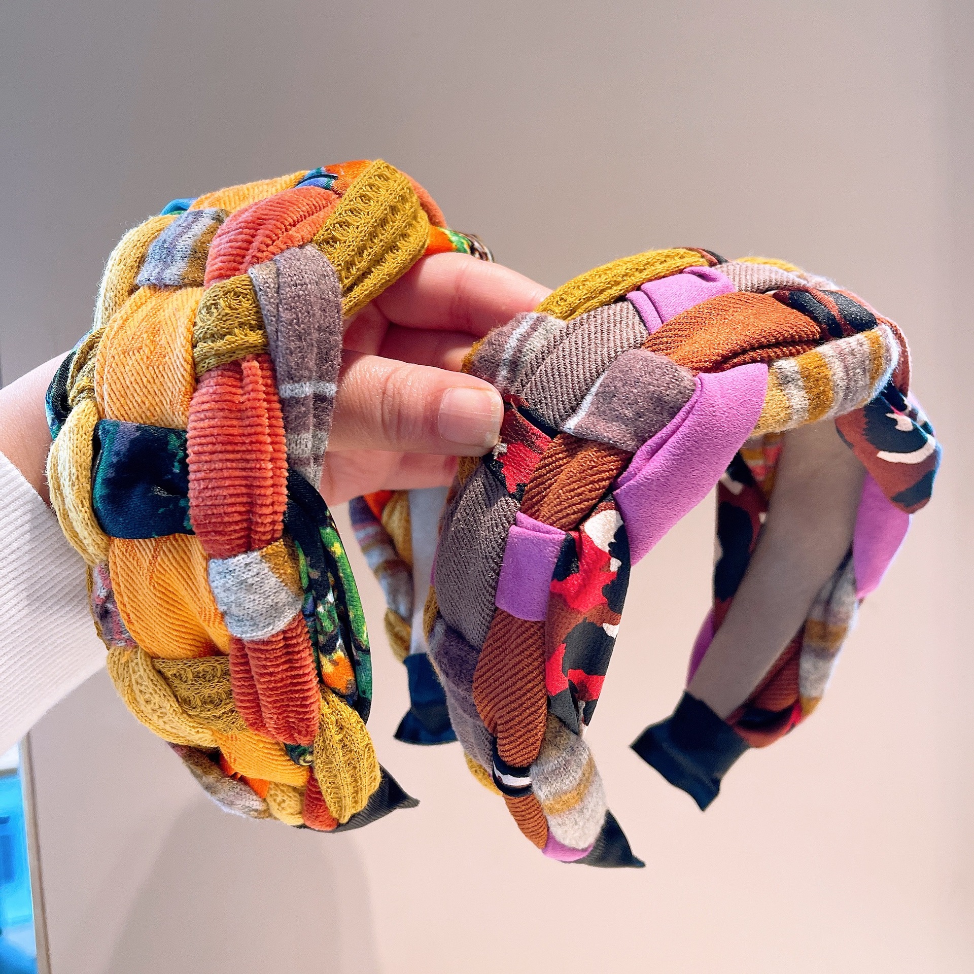 Winter Korean handmade braided color-blocked Klein blue series simple rope hair clip wide headband makes face look smaller