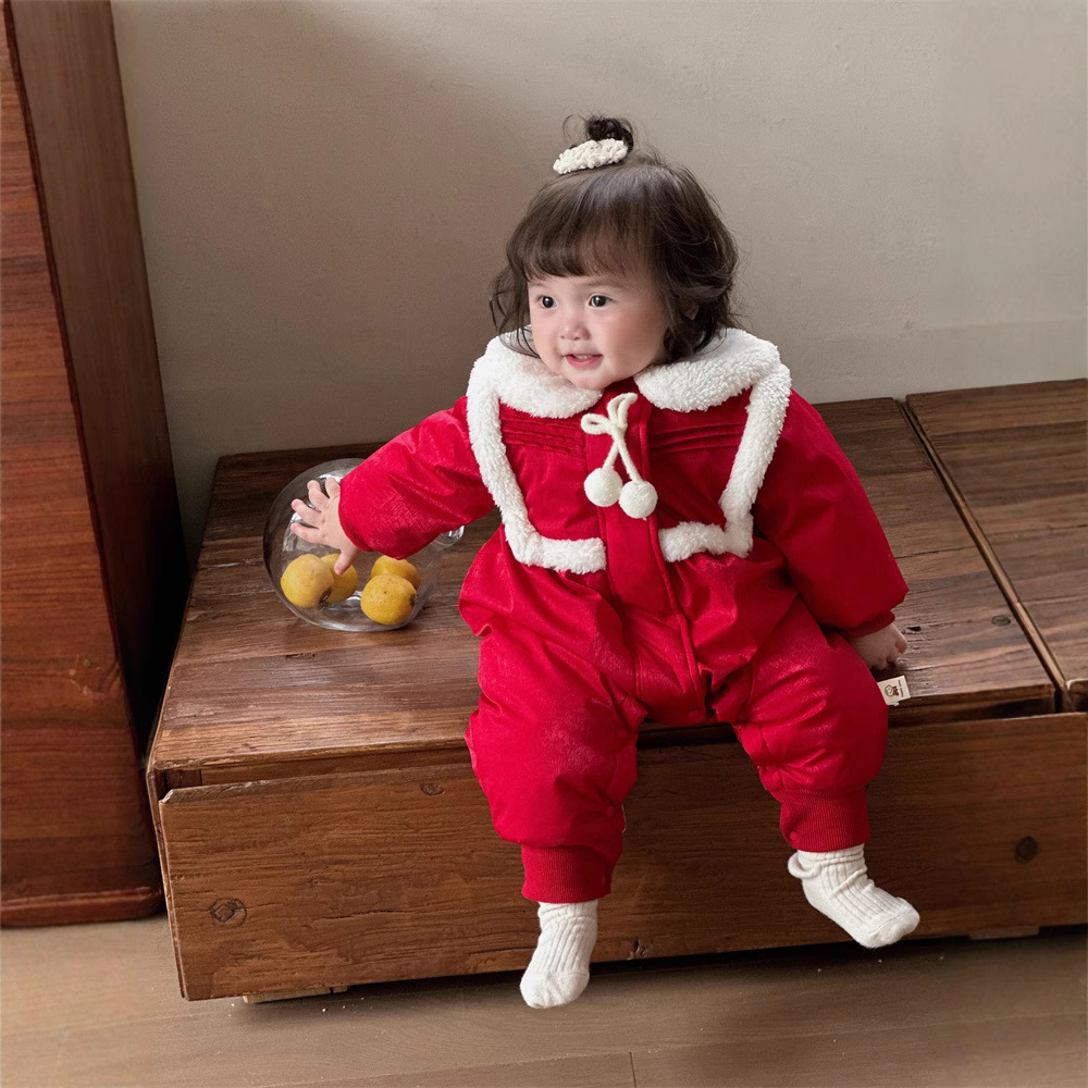 Ropa de invierno para bebé, lindo abrigo de algodón grueso cereza, ropa de año nuevo para bebé, ropa roja de año nuevo, ropa exterior, mono de año nuevo