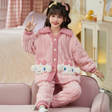 儿童珊瑚绒女童秋冬季加厚加绒女孩大童卡通宝宝法兰绒家居服套装