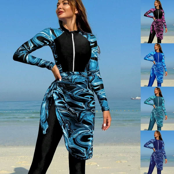 2026 New Cross-Border Foreign Trade Amazon Swimsuit for Women, One-Piece Zipper, Sun Protection, Long Sleeves, Long Pants, Middle Eastern Conservative Swimwear
