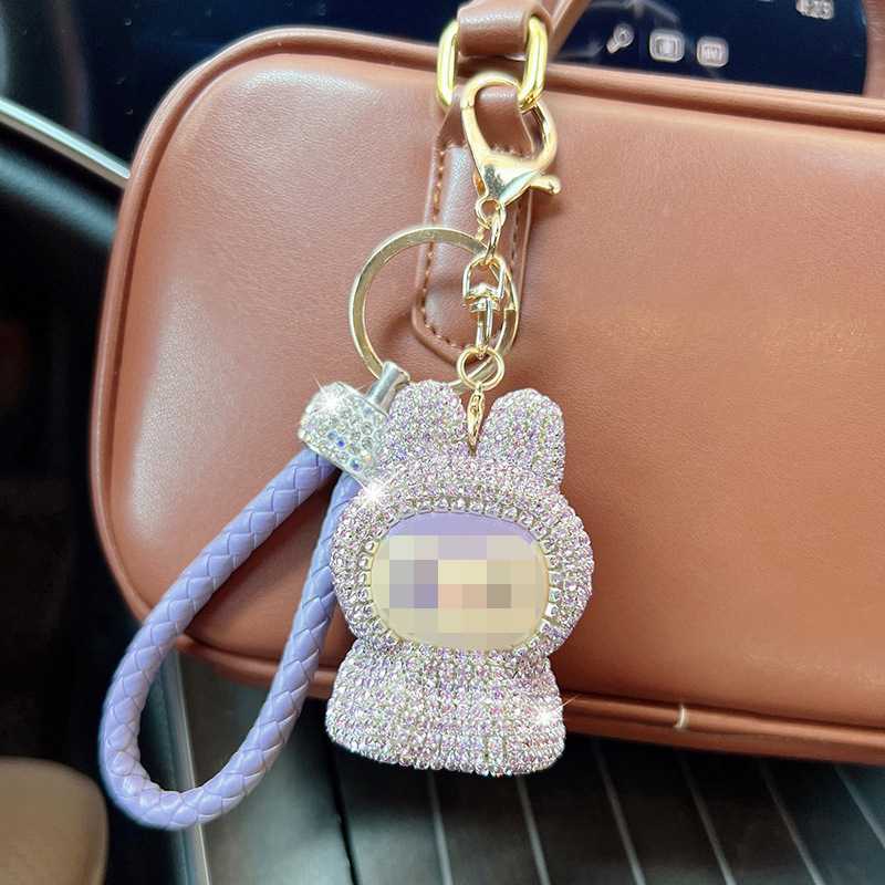新しいフルダイヤモンド漫画ビッグヘッドキーホルダークリエイティブレザーロープフラッシュダイヤモンド人形車のキーチェーンバッグペンダント|undefined