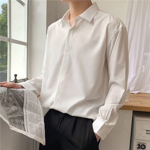 White shirt, men's long-sleeved, men's design casual shirt, non-iron, Hong Kong style, dragline, ice silk shirt, men's loose