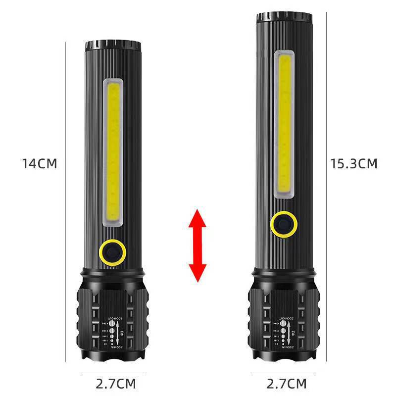 伸缩变焦LED手电筒强光户外铝合金USB充电白激光带侧灯远射照明灯