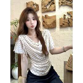甜美风波点荡领短袖T恤女夏季韩系气质收腰褶皱显瘦百搭外穿上衣