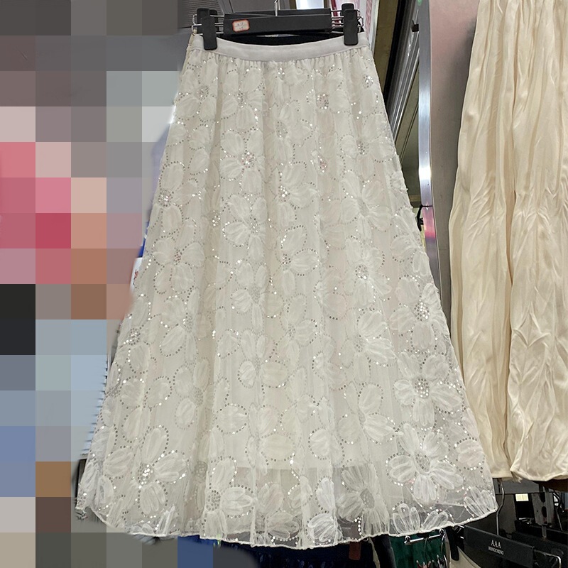 Sequin Gauze Skirt 2025 Autumn and Winter New Style French Sweet Lace Flower Mesh Skirt Mid-Length Large Hem Skirt for Women