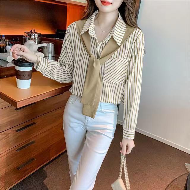 假两件竖条纹衬衫女2025年春季新款女装宽松翻领别致款长袖上衣潮|undefined