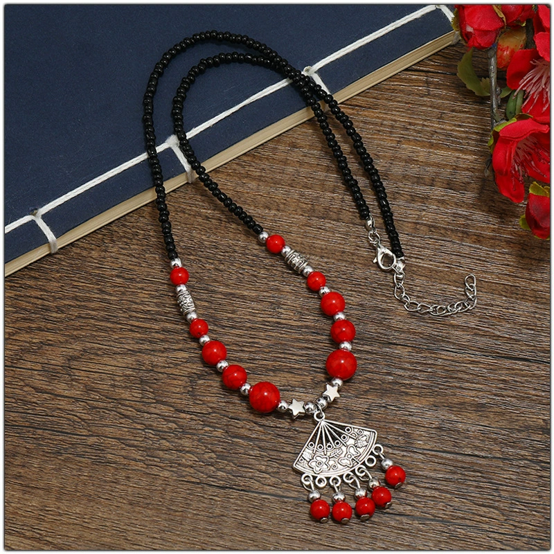 Hanfu Pendant Necklace, Retro Beaded Fan Pendant Accessory — Red or Turquoise, Lightweight 15×3×10 cm