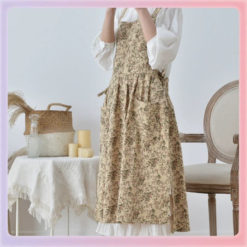 Французский кухонный фартук из чистого хлопка с мелким цветочным принтом, рабочая одежда для цветочного магазина, хлопковый и льняной фартук в стиле жилета с двумя сторонами