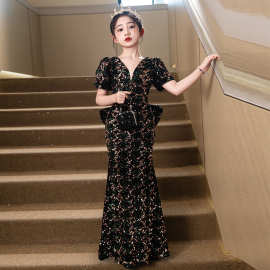 儿童礼服法式夏季新款黑色亮片重工鱼尾款长裙女童模特走秀演出服