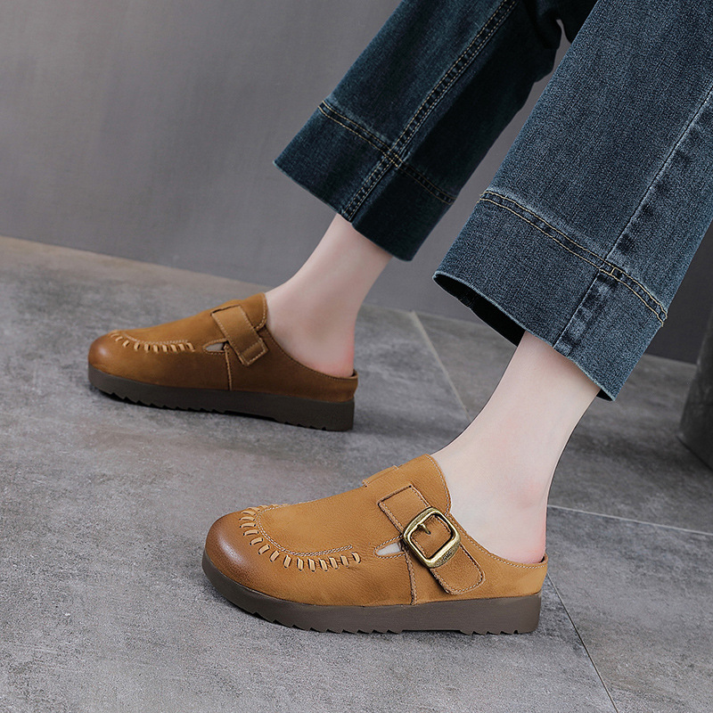 Dép sandal nữ bít mũi đế bệt da thật mềm mại form tròn — màu kaki