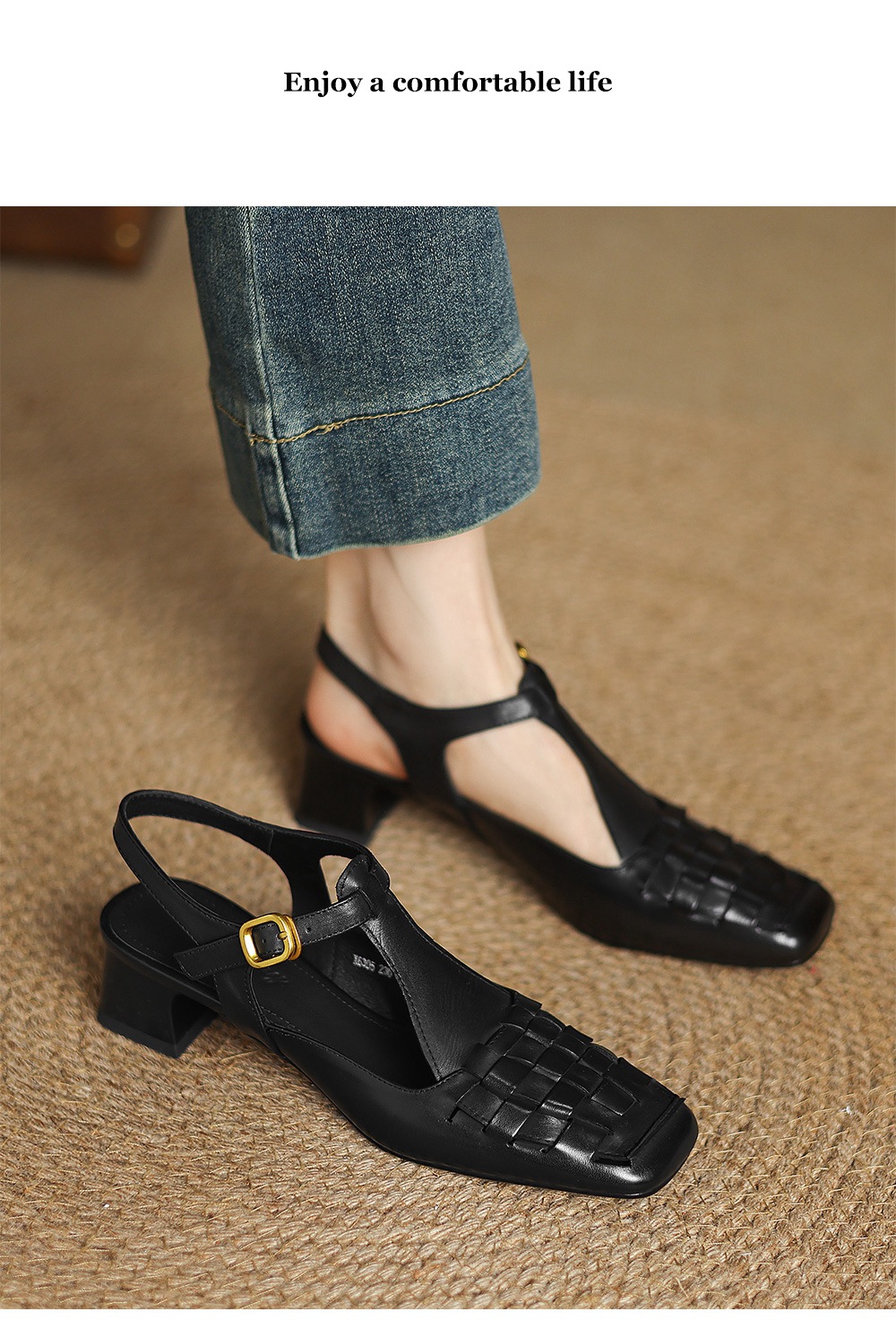 Sandal Mary Jane nữ mũi vuông da bò gót thấp quai chữ T đan dây — đen chi tiết 8
