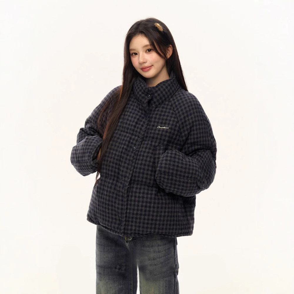여성용 한국식 격자 무늬 짧은 면 코트, 루즈하고 다재다능한 겨울 두꺼운 따뜻한 빵 코트, 트렌디한 면 패딩 재킷
