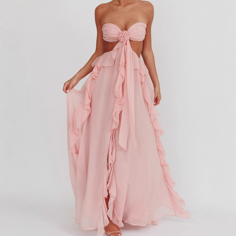 In-Stock European and American Cross-Border Popular Backless Sheer Chiffon Lace-Up Ruffle Women's Sexy Strapless Ruffle Long Dress